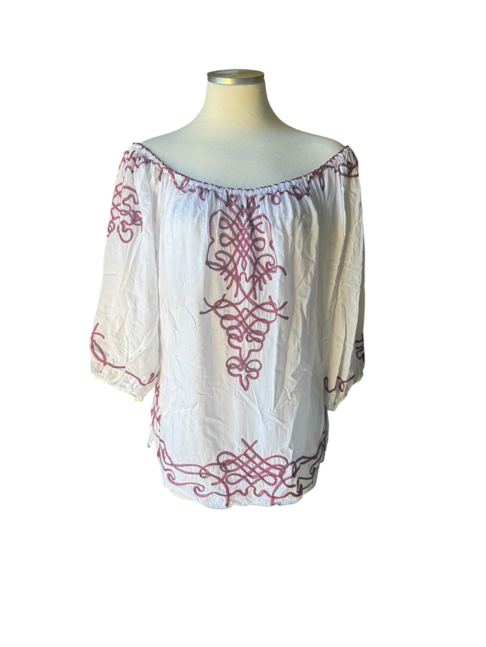 Poupette St. Barth White Off-Shoulder Blouse with Pink Embroidery
